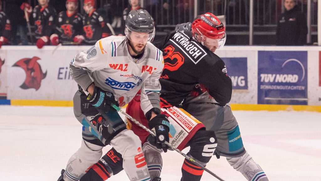 Torschützen unter sich: Essens Enrico Saccomani (l.) und Halles Thore Weyrauch im Duell um den Puck.