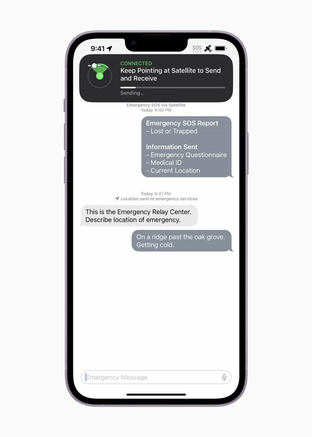 Verbindung zum Satelliten steht: So sieht der Nachrichtenverlauf mit einer Notrufzentrale über Apples Notruf-SOS-Dienst auf einem iPhone 14 aus.