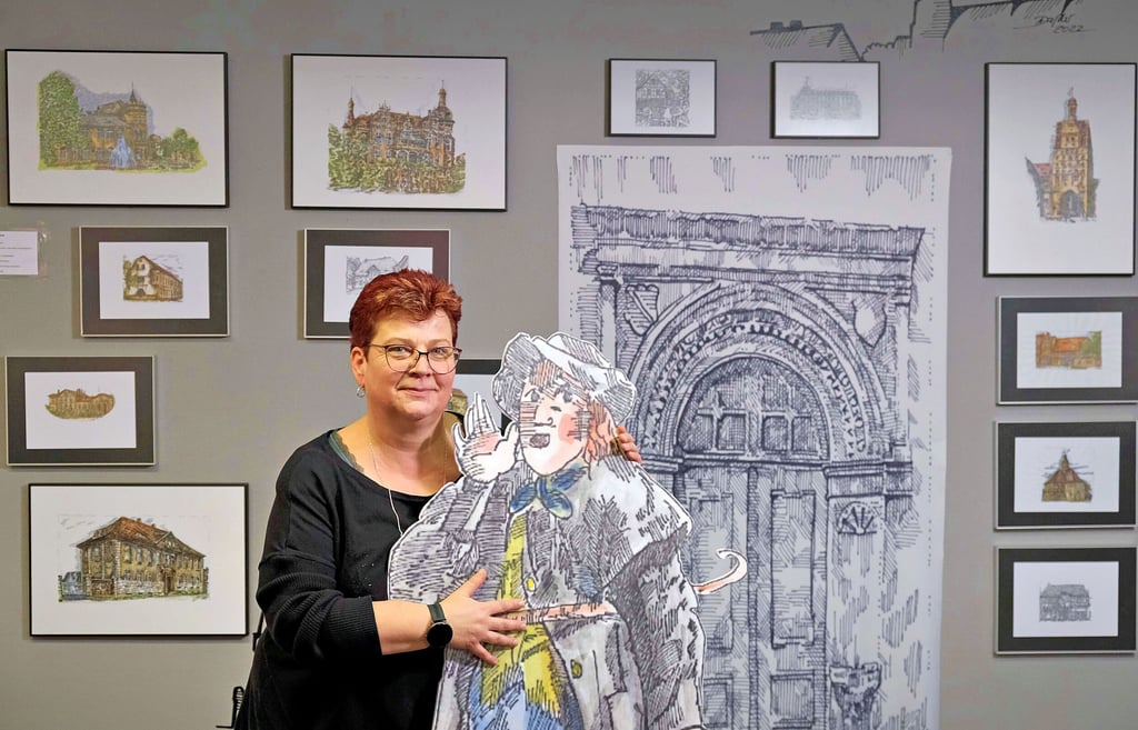 Der Nachtwächter ist eines der Bitterfelder Urgesteine, die Künstlerin Andrea Daßler gemalt hat. Für die Ausstellung ist er gewachsen.