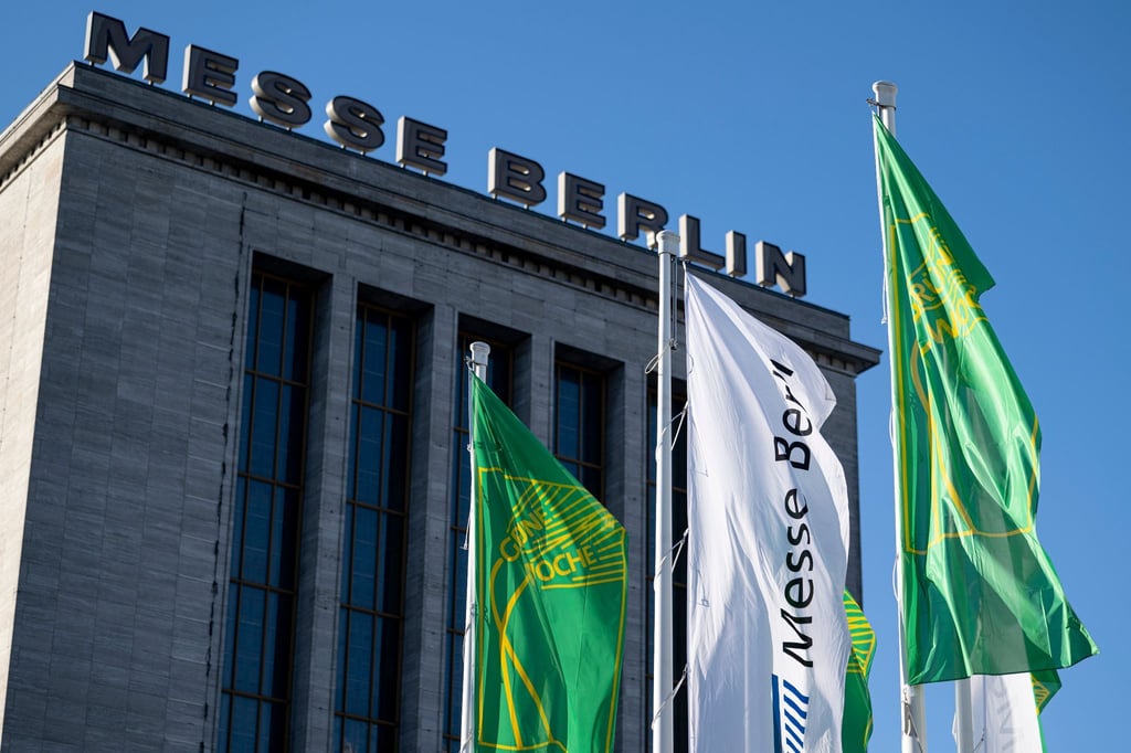 Flaggen mit dem Logo der Internationalen Grünen Messe wehen vor dem Eingang der Messe Berlin.