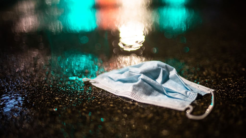 Ein Mund-Nasenschutz liegt im Regen auf der Strasse.