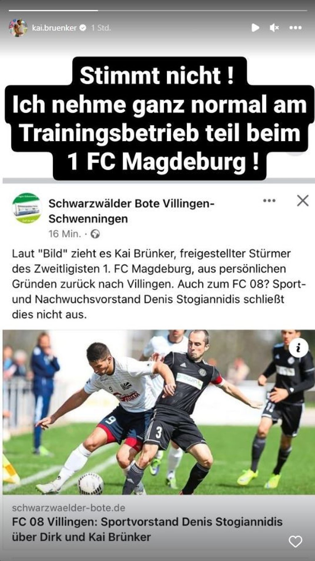 Kai Brünker macht auf seinem Instagram-Kanal klar, dass er weiter am Trainingsbetrieb beim 1. FC Magdeburg teilnimmt.