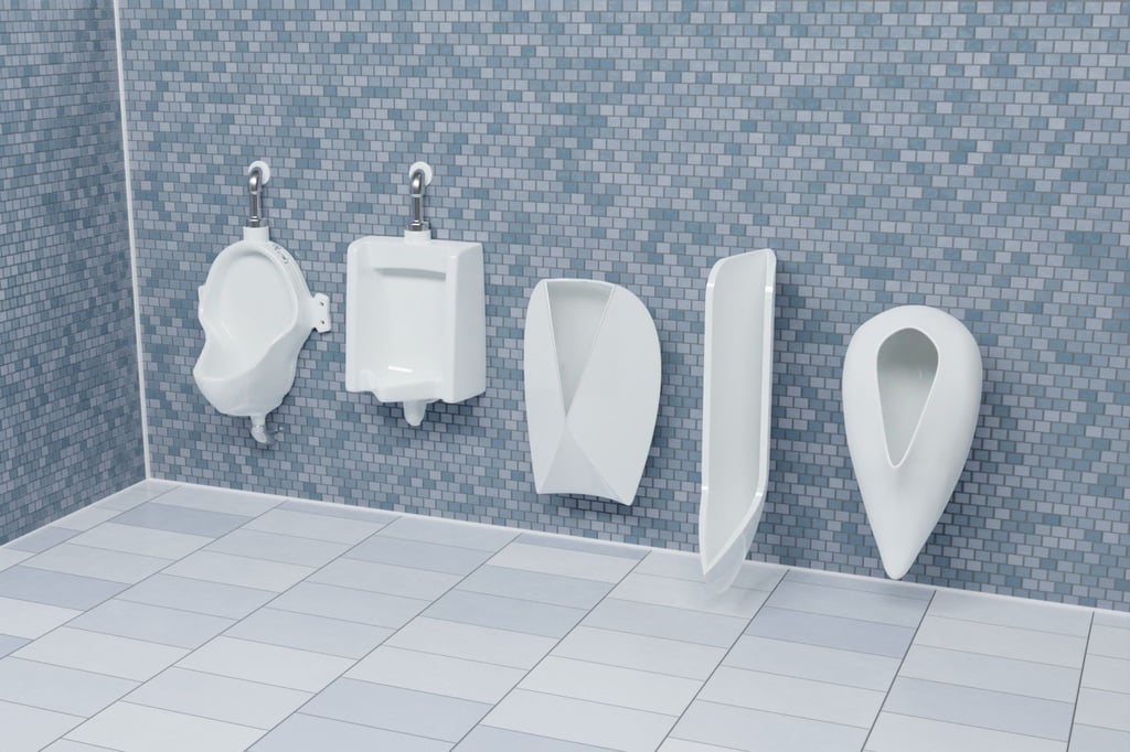Bei Urinalen mit traditionellem Design (1. und 2.v.l) geht meist viel daneben. Die von Forschern entworfenen Urinale (1.,2. und 3.v.r.) sollen das weitgehend verhindern.