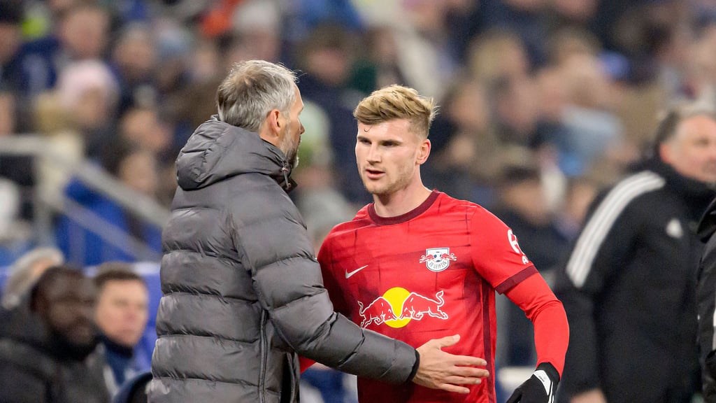 Timo Werner (r.) klatsch mit Marco Rose ab.