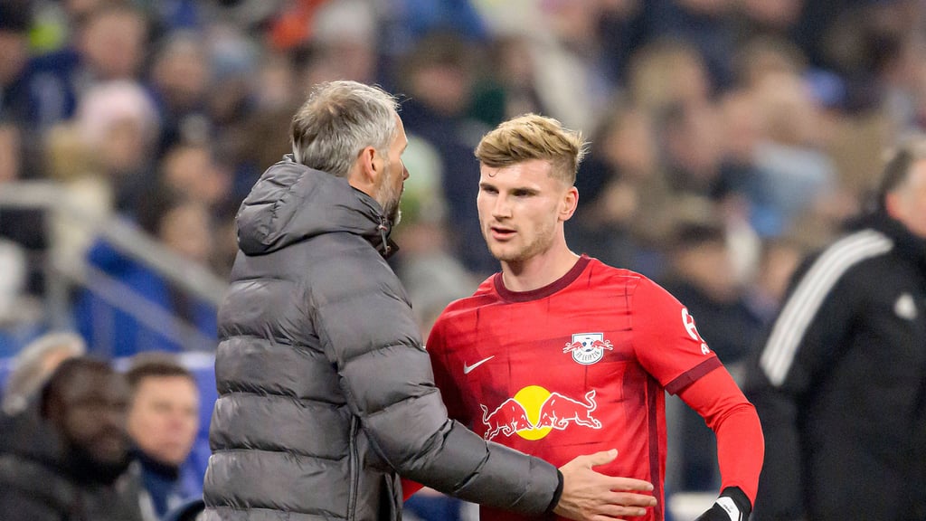 Timo Werner (r.) klatsch mit Marco Rose ab.