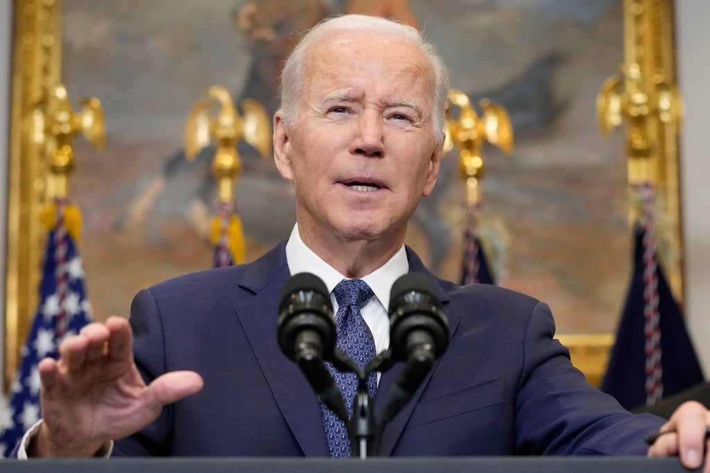 Joe Biden, Präsident der USA, spricht über die Ukraine im Roosevelt Room des Weißen Hauses.
