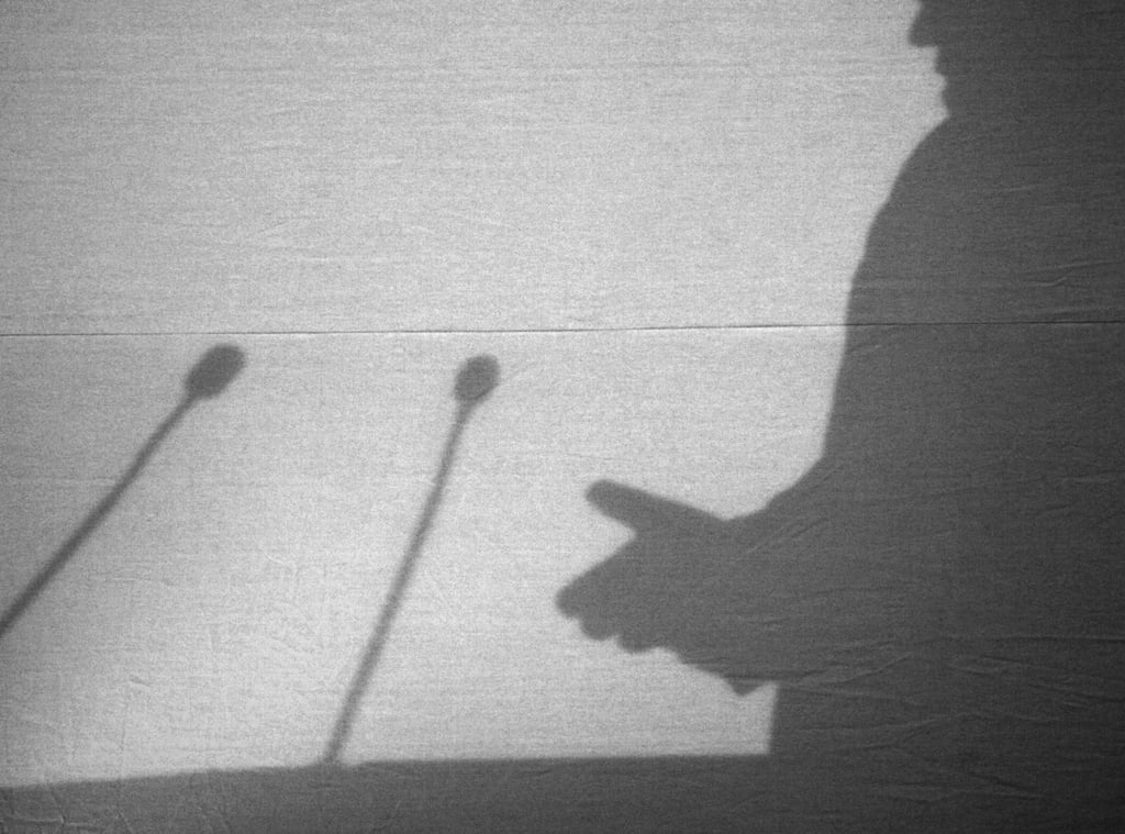 Der Schatten eines Redners während einer Pressekonferenz. Manche Menschen haben eine starke Meinung - oft auch gerne zu wissenschaftlichen Erkenntnissen.