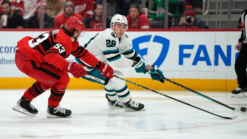Moritz Seider (l) von den Detroit Red Wings in Aktion.