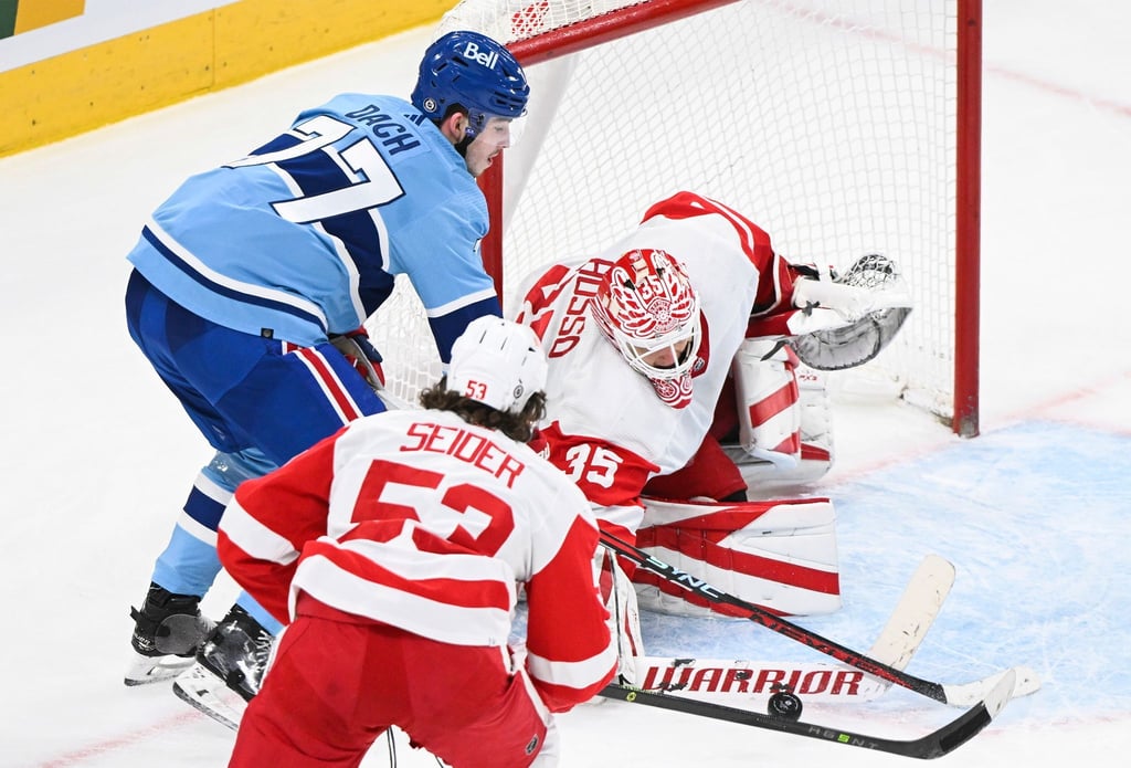 Moritz Seider von den Red Wings verteidigt.