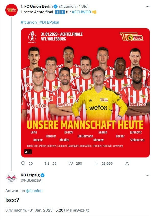 Isco? RB Leipzig stichelt gegen Union Berlin bei Twitter