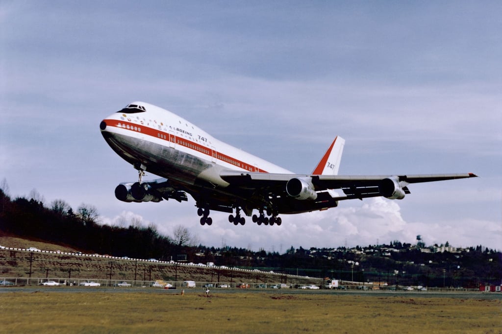Start der ersten Boeing 747 auf dem Boeing Field in Seattle im Jahr 1969.