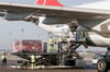 Mitarbeiter laden Paletten mit Hilfsgütern für die Türkei in ein Flugzeug von Turkish Airlines.