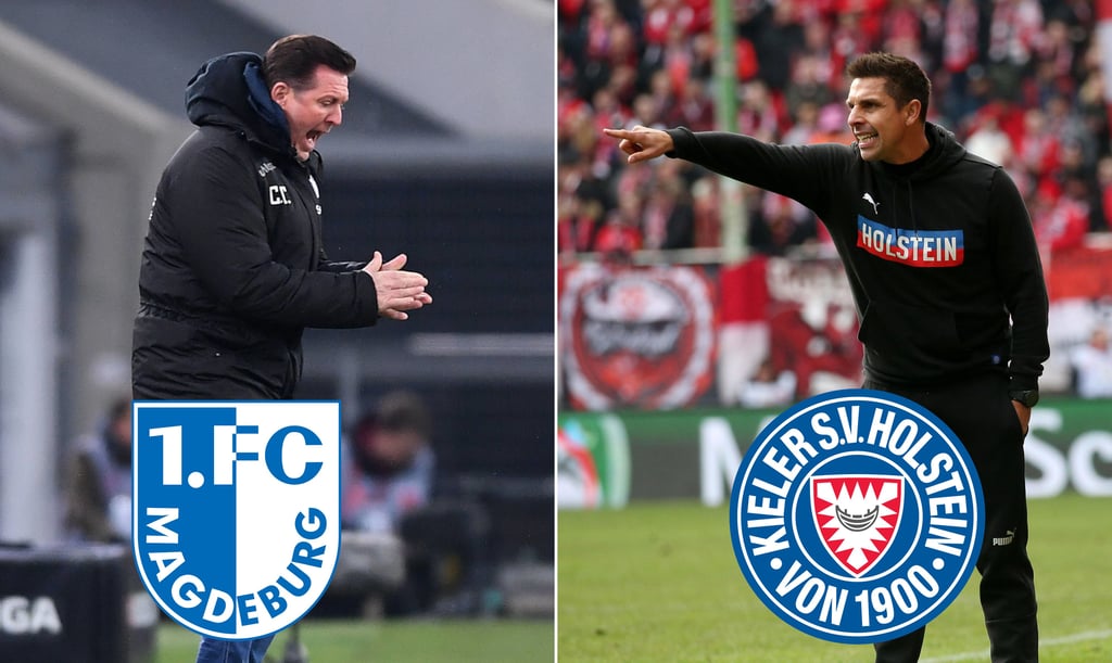 Cheftrainer vom 1. FC Magdeburg, Christian Titz (l.) und Coach von Holstein Kiel, Marcel Rapp. Das ist der kommende Gegner vom FCM.