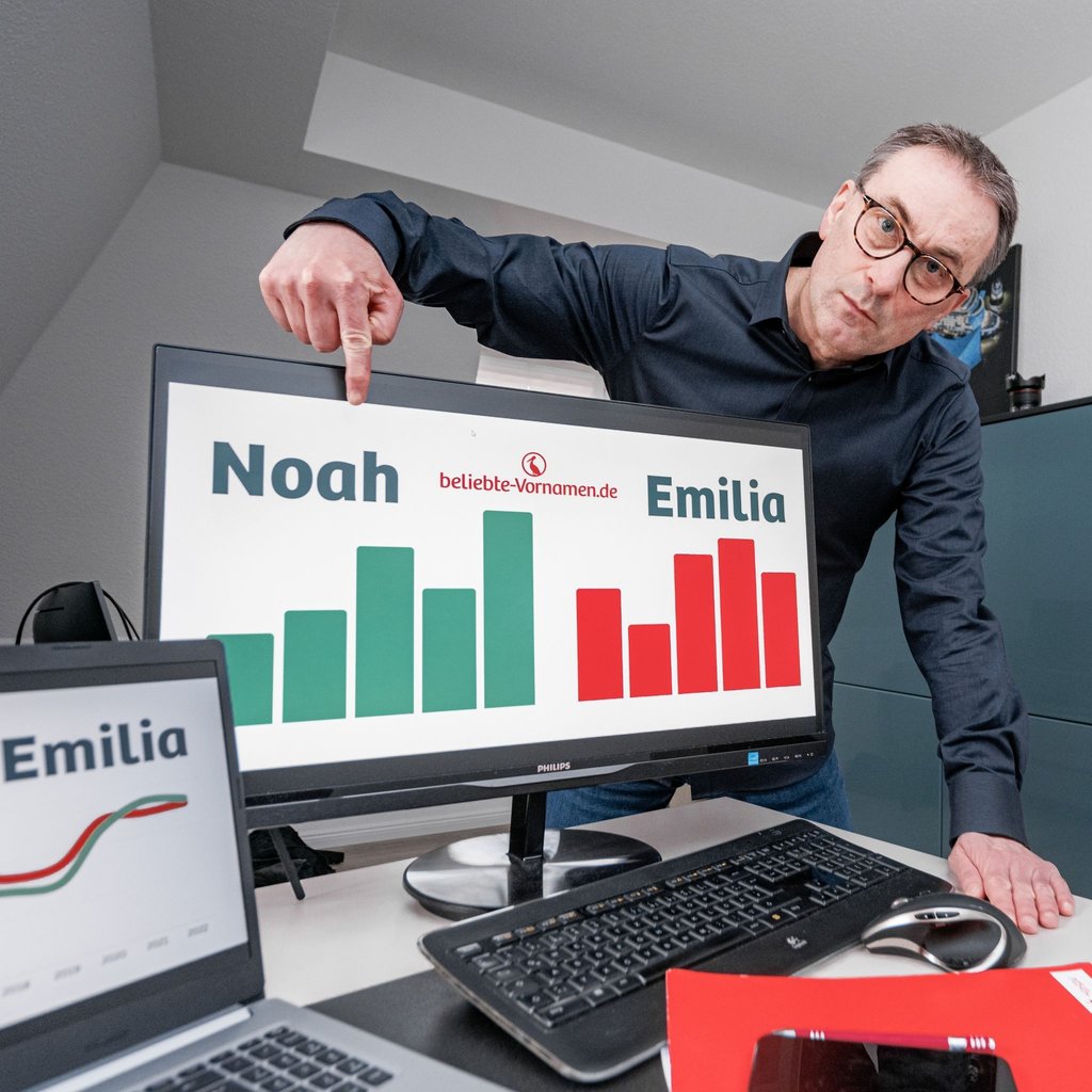Vornamen-Experte Knud Bielefeld zeigt in seinem Büro auf die Namen Noah und Emilia, Spitzenreiter für das Jahr 2022.