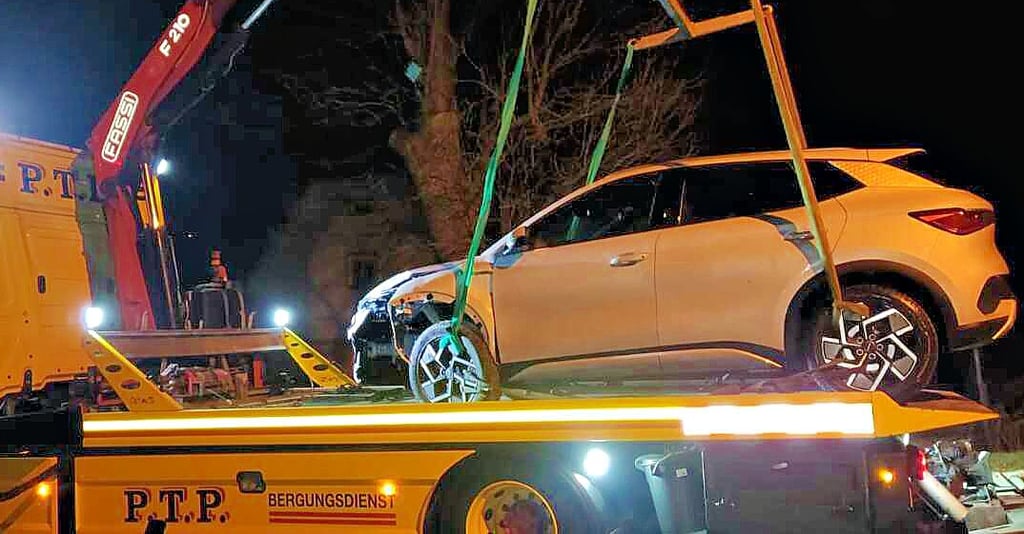Der BYD wird auf den Abschleppwagen von PTP aufgeladen. Elektroautos sollten möglichst nicht an Stange oder Seil abgeschleppt werden.