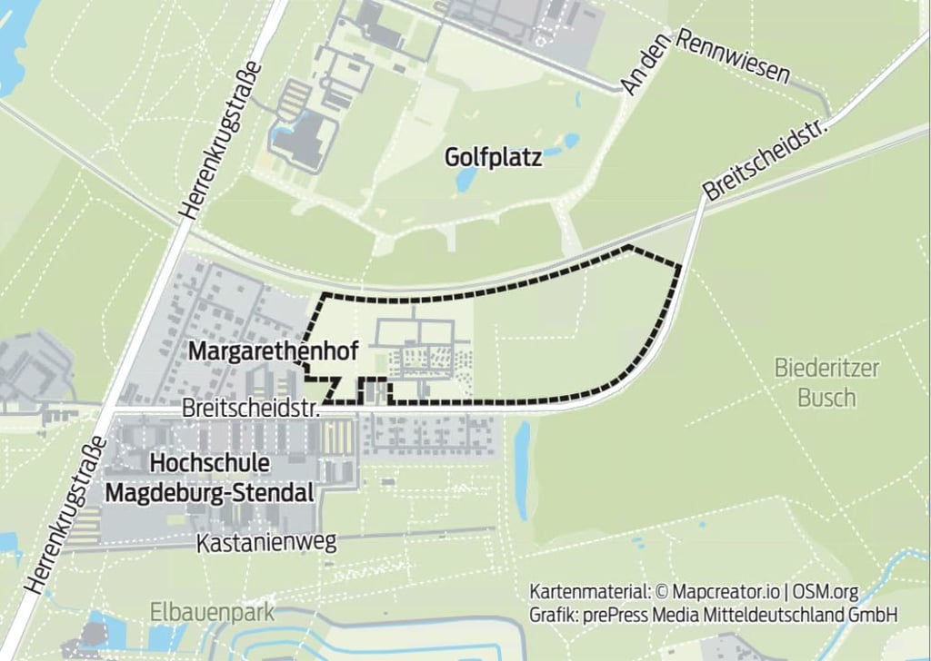 Lage des Gebiets nördlich der Breitscheidstraße in Magdeburg.