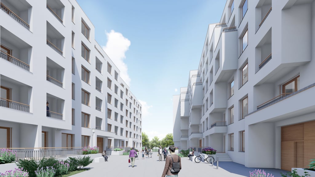 Die Visualisierung zeigt "Riebecks Gärten" in der Willy-Brandt-Straße.
