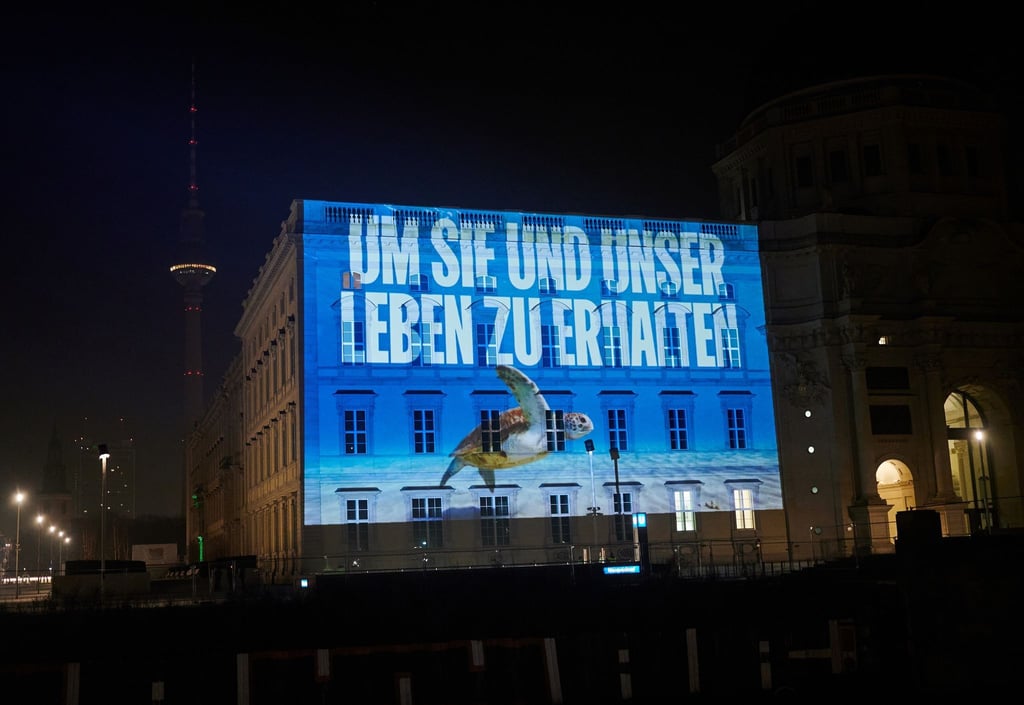 „Um sie und unser Leben zu erhalten“ ist in den frühen Morgenstunden zusammen mit einer Riesenschildkröte auf dem Humboldt Forum zu lesen und zu sehen.