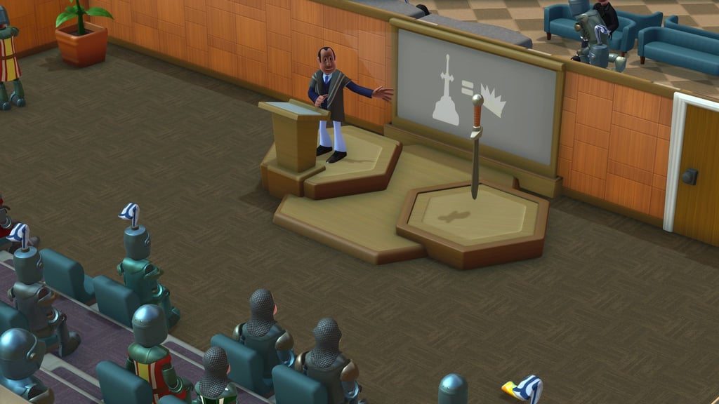 Absurde Kurse hat die Uni in „Two Point Campus“ auch. Hier geht es in die Vorlesung der Ritterschule - hoffentlich noch auf Diplom.