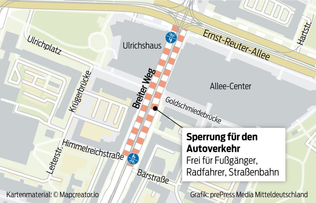 In diesem Abschnitt soll der Breite Weg in Magdeburg probeweise für den Autoverkehr gesperrt werden.