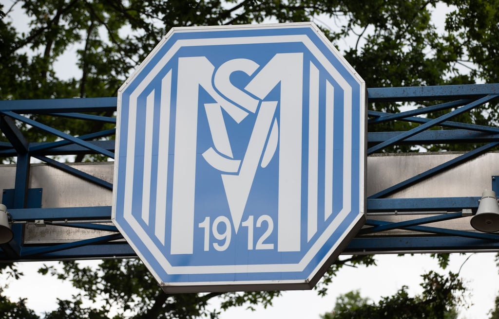 Das Wappen des Vereins hängt über dem Eingangstor der Hänsch-Arena.