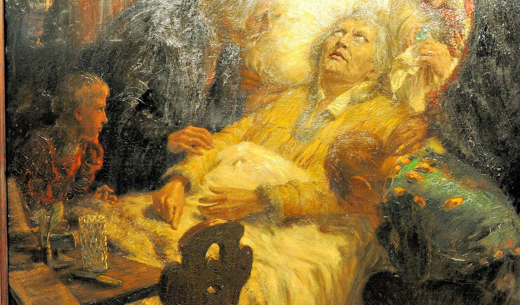 Das Gemälde von William Pape (1905) zeigt Luther auf dem Sterbebett – mit dem legendären Trinkglas.