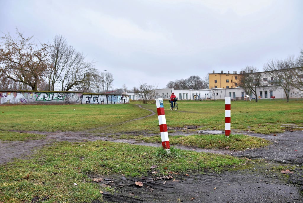 Ein Trampelpfad führt quer über die Brellin-Brache in Magdeburg-Cracau. Hier soll ein neues Stadtteilzentrum für Cracau entstehen.