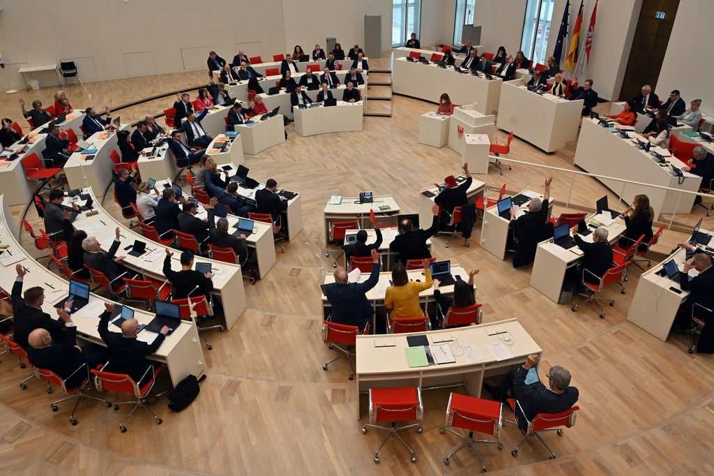 Abgeordnete nehmen an der Debatte im Landtag teil.