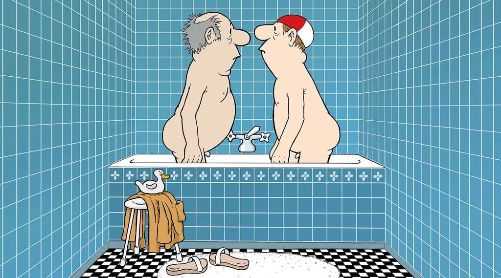 Eine Szene aus Loriots „Herren im Bad“ (undatiert) im Film „Loriots große Trickfilmrevue“ von Peter Geyer.