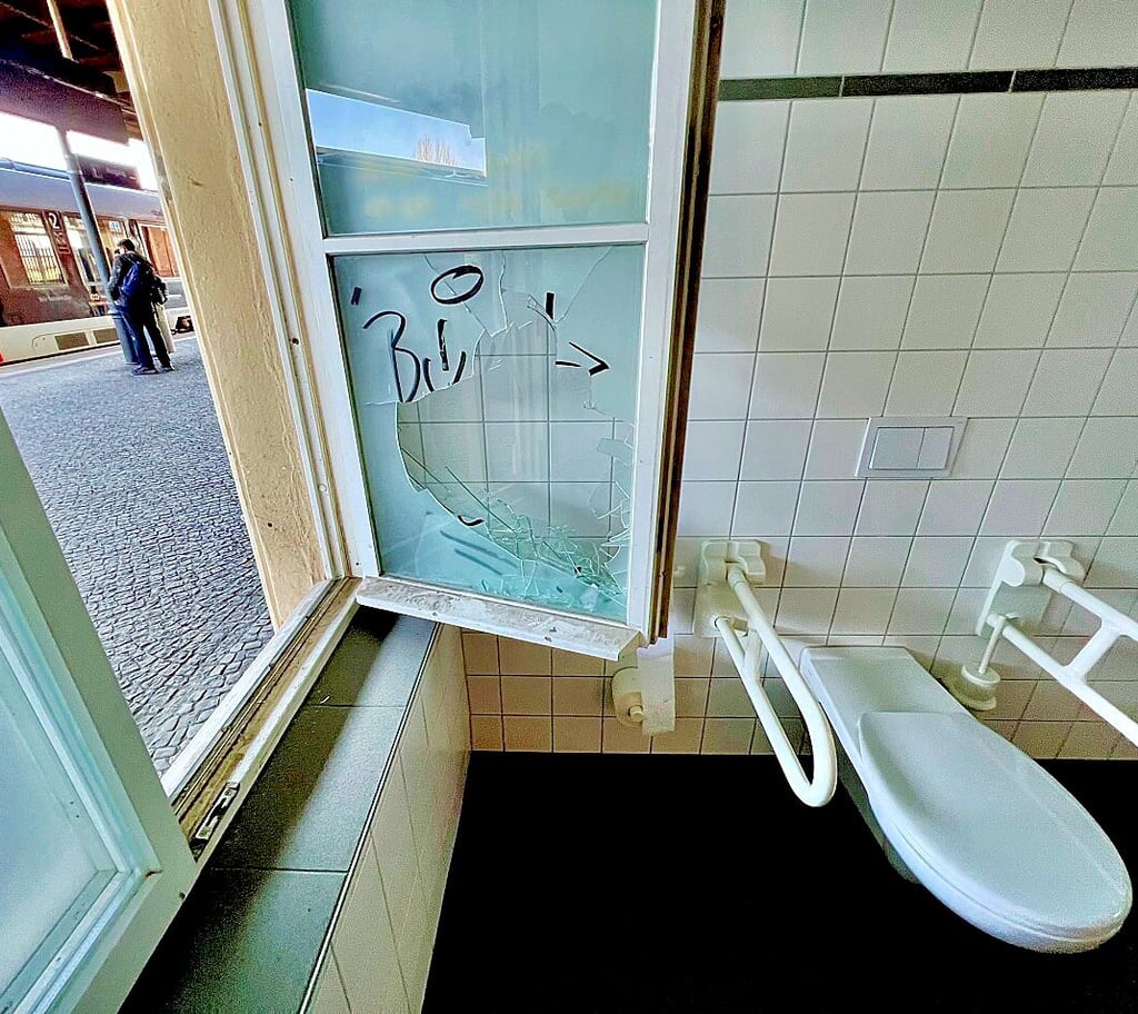 Wegen der eingeschlagenen Milchglasscheibe ist die Intimsphäre beim Toilettengang auf dem Behinderten-WC des Bahnhofs beeinträchtigt.