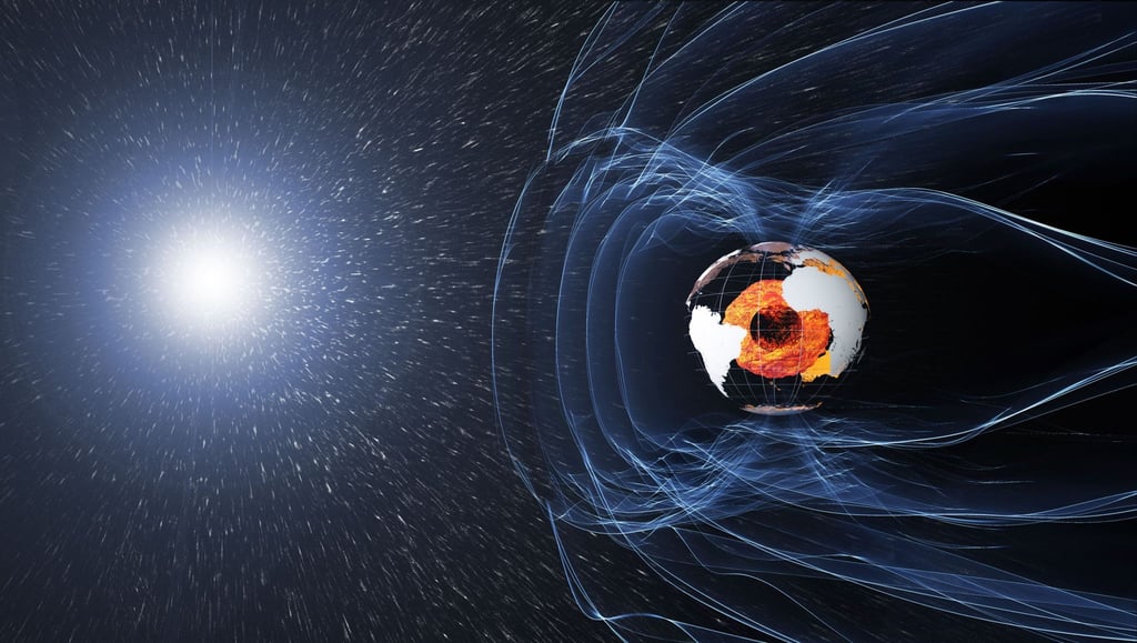 Das Magnetfeld und die elektrischen Ströme in und um die Erde erzeugen komplexe Kräfte (künstlerische Darstellung).