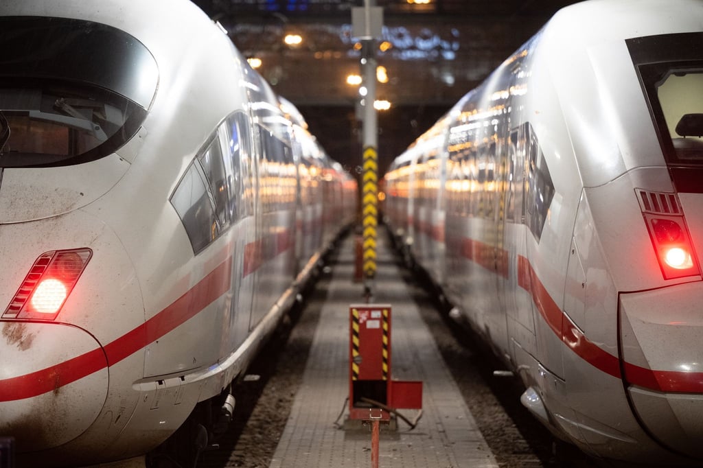 Zwei ICE stehen steht am Hauptbahnhof nebeneinander.