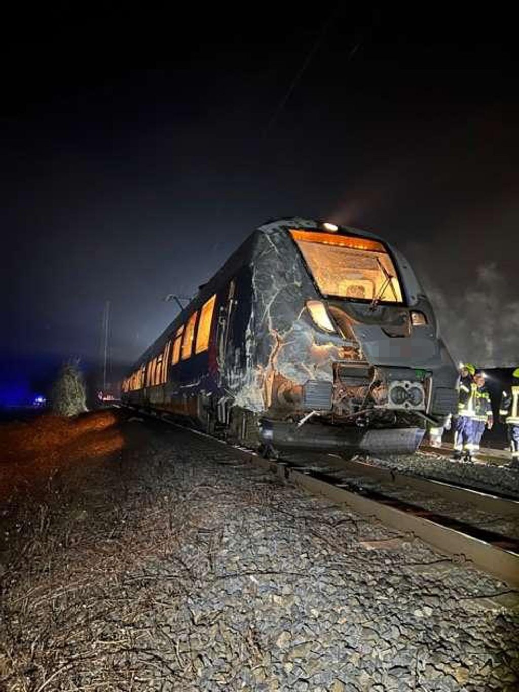 Ein beschädigter Regionalzug steht nach einem Zusammenprall mit einem Lastwagen auf einem Gleis.