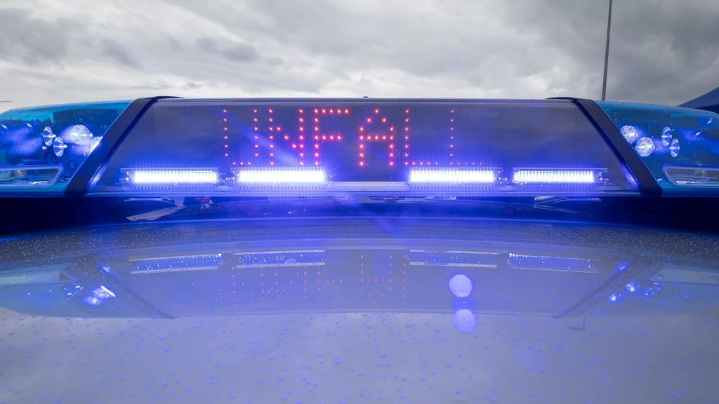 Ein Blaulicht und eine LED-Anzeige leuchten auf dem Dach eines Polizeifahrzeugs.