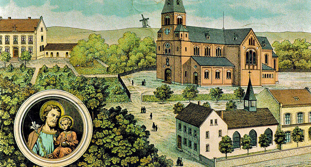 Diese zeitgenössische Darstellung zeigt im Vordergrund das 1867 errichtete Missionshaus mit Betsaal, Schule und Wohnung. Links erkennt man die Vikarie (Pfarrhaus), die 1875 gebaut wurde. Blickfang ist die 1891 geweihte katholische Kirche.