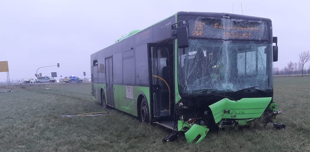 Der Unfallbus neben der B184 am Abzweig Raguhn.