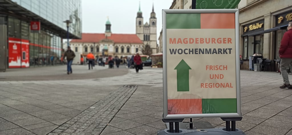 Die Werbung für den Wochenmarkt hier am Eingang zum Alten Markt sei zu klein, findet Händler Mario Oberländer. Von der Straßenbahn aus würden viele den Markt nicht sehen oder der Weg sei ihnen zu weit. Deshalb würde er einen Standort näher an der Haltestelle Alter Markt bevorzugen und ist mit dieser Meinung nicht allein.