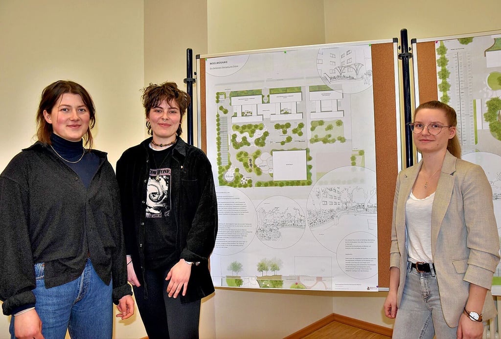 Elena Nora Geppert, Pauline Ahlburg und Lara Kehlert haben ihren Entwurf mit „Inselmosaike“ überschrieben. Grüne Oasen sollen eine Wohlfühl-Atmosphäre für die Schüler erzeugen.