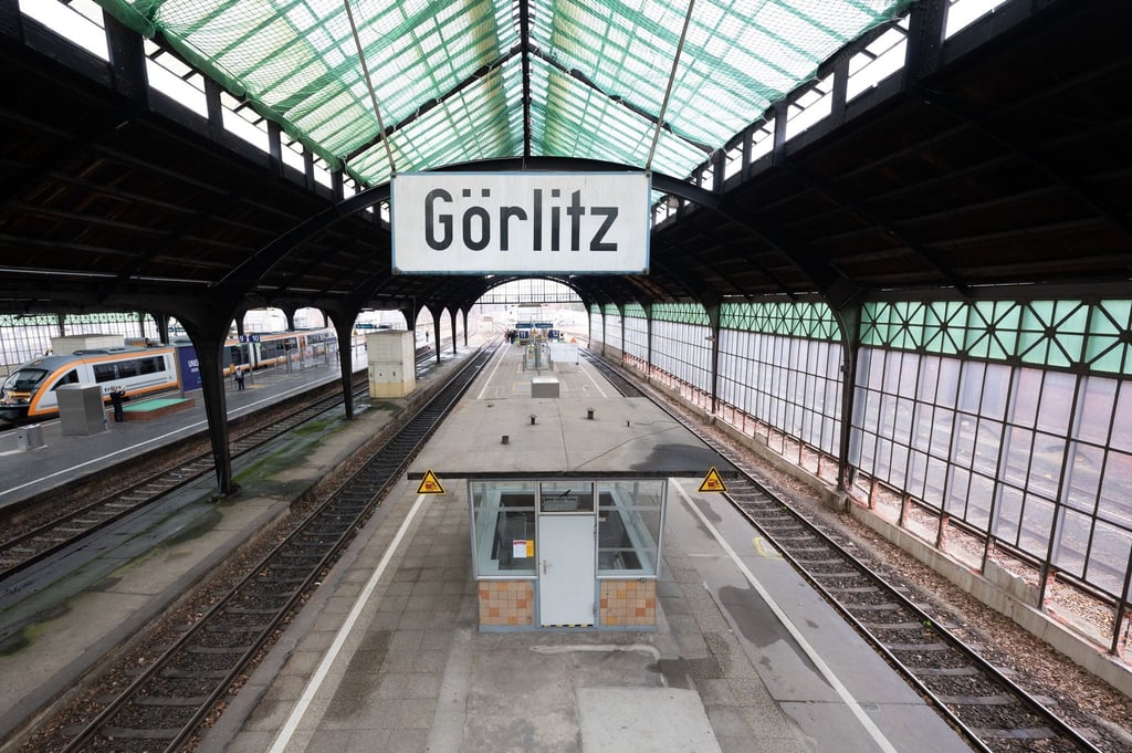 Netze hängen am Glasdach der Bahnsteighalle im Bahnhof Görlitz.