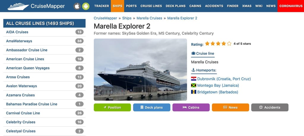 Auf „Cruisemapper.com“ gibt es Routen von aktuell knapp 1500 Kreuzfahrtschiffen weltweit, aber auch detaillierte Informationen zu den Kreuzfahrthäfen, den Reedereien und zu den Schiffen selbst.