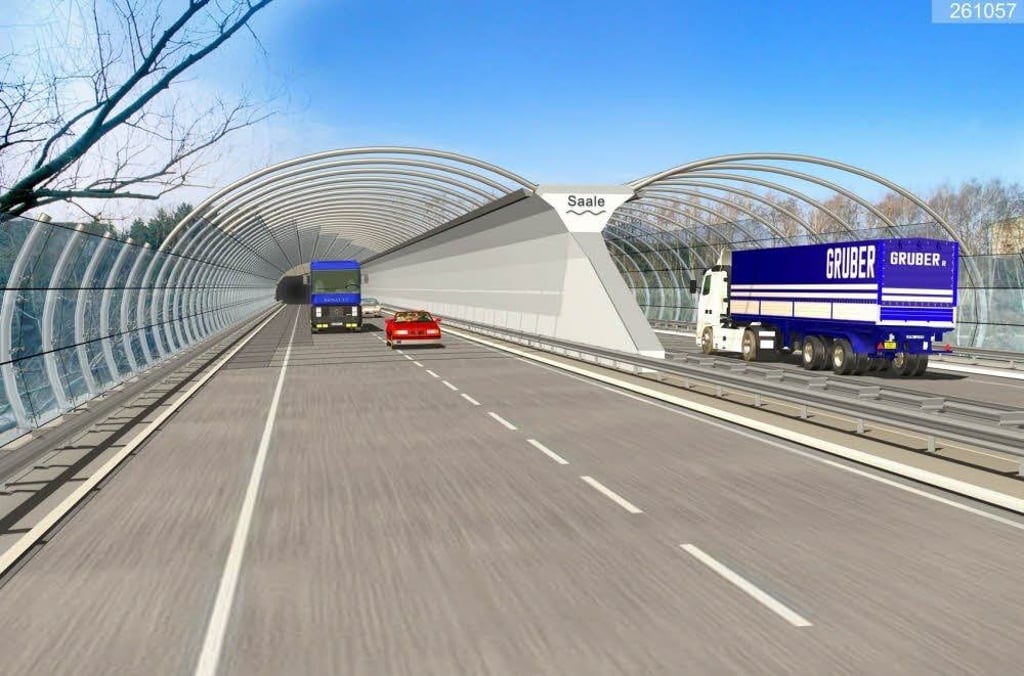 So soll die Saalebrücke der A 143 bei Halle mit ihrem Lärmschutz aussehen. Der Auftrag für den Brückenbau ist inzwischen vergeben.