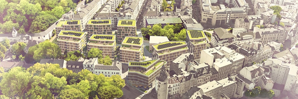 Dieser Entwurf hat den Gestaltungswettbewerb gewonnen. So will die Stadtbau AG das Wohngebiet im Charlottenviertel errichten. Die neuen Villen haben begrünte Dächer. Links oben in der Darstellung ist zu sehen, wie dicht die Neubauten an den Stadtgottesacker heranreichen sollen.