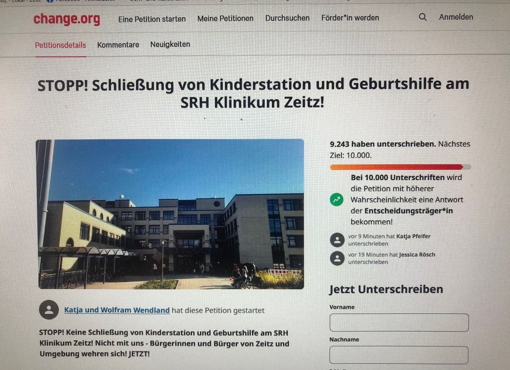 Die von Katja und Wolfram Wendland initiierte Petition gegen die Schließung von Geburtshilfe und Kinderstation am SRH-Klinikum Zeitz läuft noch auf change.org