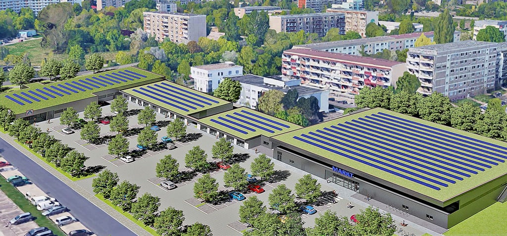 Diese Visualisierung zeigt, wie das Magdeburger Einkaufszentrum am Olvenstedter Scheid nach seiner Neuordnung aussehen könnte. Im Rahmen des späteren Baugenehmigungsverfahrens und der dann folgenden Ausführungsplanung können sich noch Abweichungen und/oder Ergänzungen ergeben.