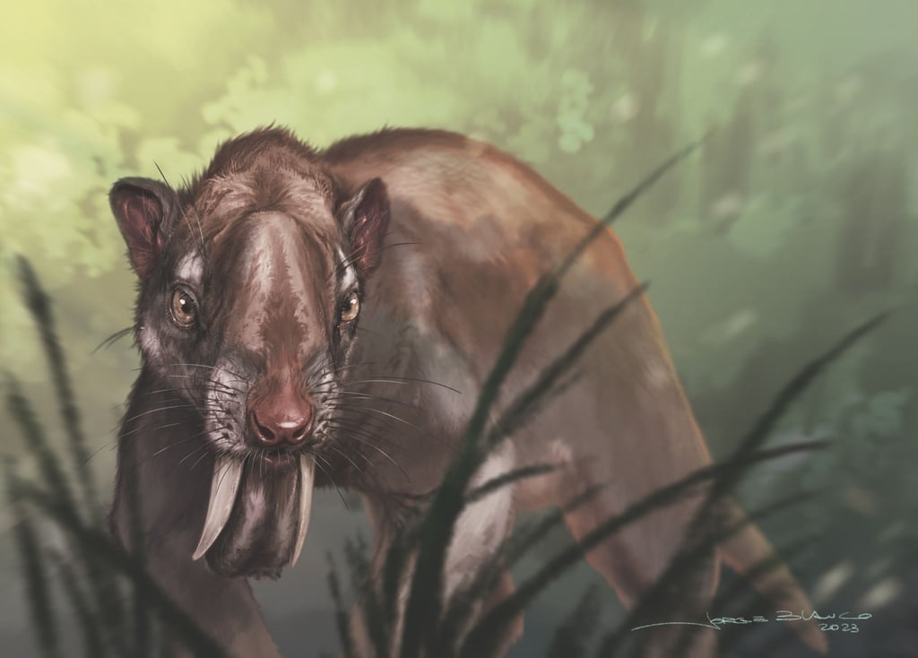 Eine Rekonstruktion des Thylacosmilus atrox.