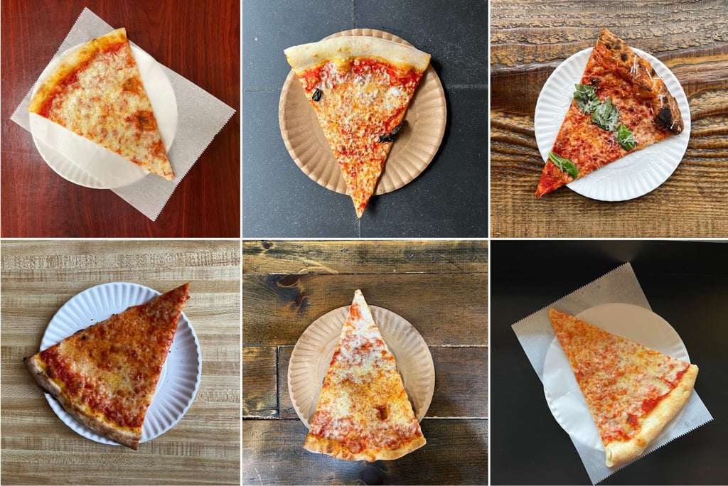 Verschiedene „cheese slice“-Pizzastücke sind bereit, gegessen zu werden.
