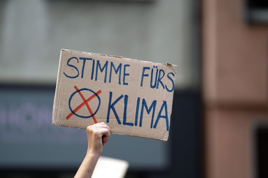 Eine Teilnehmerin hält auf der Fridays for Future-Demonstration ein Protestplakat in den Händen.