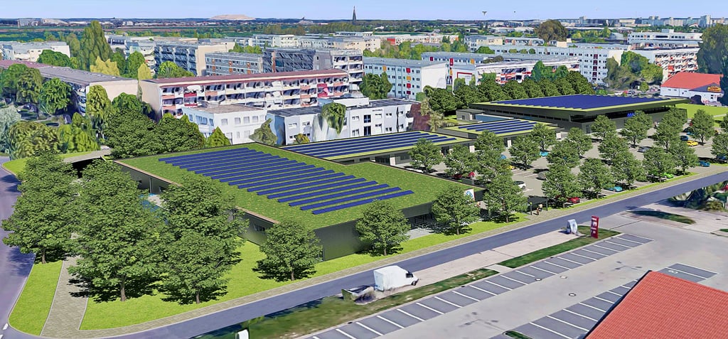 Diese Visualisierung zeigt, wie das Magdeburger Einkaufszentrum am Olvenstedter Scheid nach seiner Neuordnung aussehen könnte. Im Rahmen des späteren Baugenehmigungsverfahrens und der dann folgenden Ausführungsplanung können sich noch Abweichungen und/oder Ergänzungen ergeben.