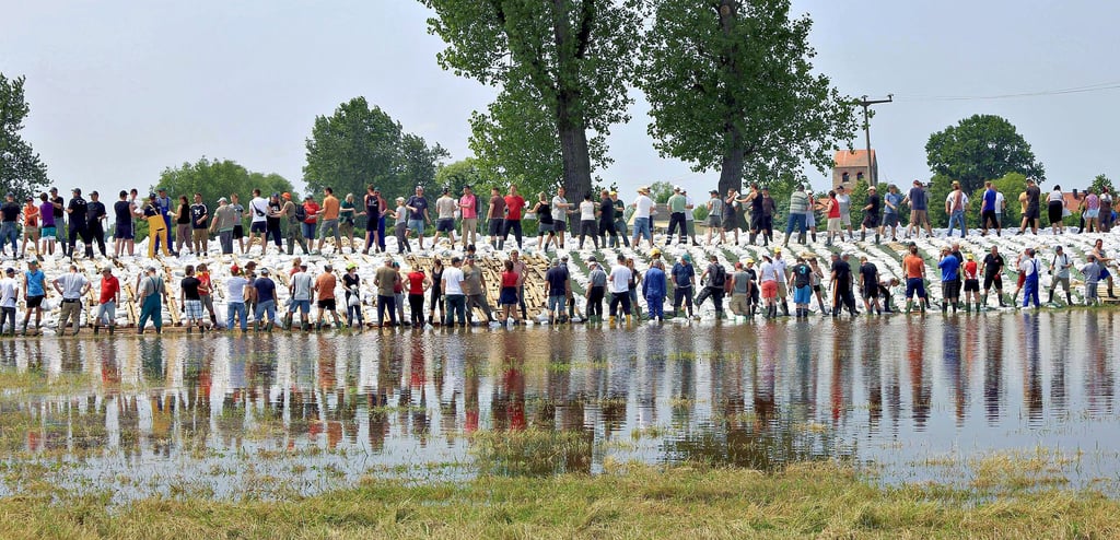 Hunderte Helfer stehen 2013 bei Alt Lostau, um einen provisorischen Hochwasserschutz zu errichten.