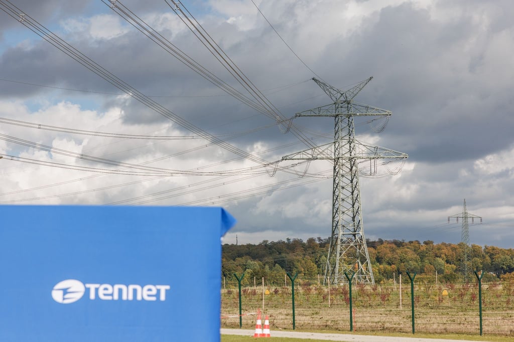 Ein Strommast der Höchstspannungsleitung Wahle steht während der Inbetriebnahme der ersten beiden Abschnitte der Höchstspannungsleitung Wahle am Tennet Umspannwerk.